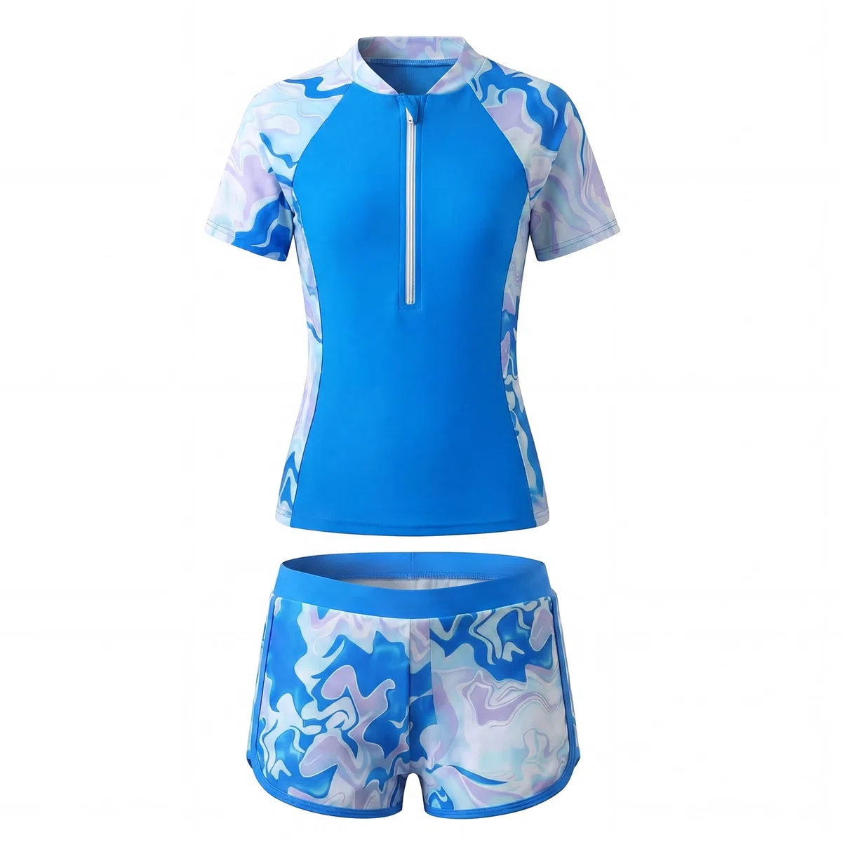 Costume da Bagno Ragazze 2 Pezzi a Manica Corta con Zip e Pantaloncini Morbidi, Stampa Floreale Rash Guard Protezione Solare Costume Piscina Spiaggia Nuoto per Bambini 5-14 Anni