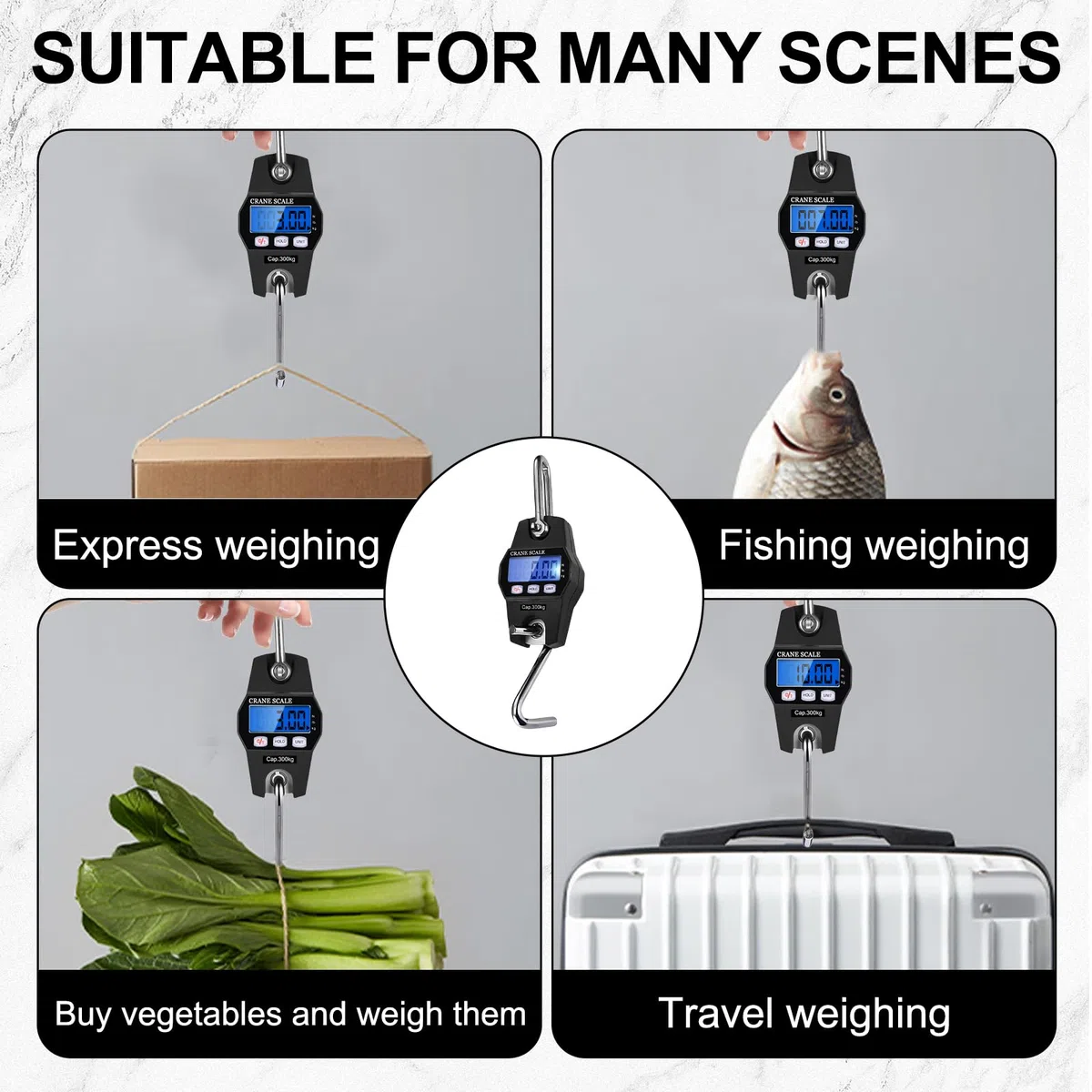 Bilancia sospesa, portatile, digitale, 300 kg, bilancia digitale con gancio, bilancia elettronica con display LCD e sensore a molla di ricarica preciso per viaggi, vita familiare, valigia, pesca (nero