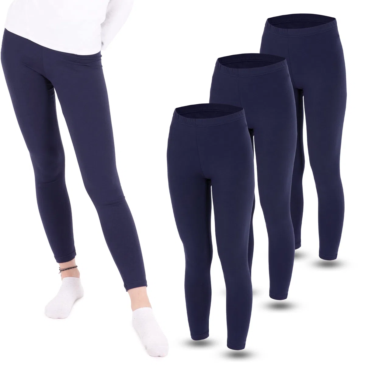 LOREZA® Set di 3 di Leggings per Bambina Pantaloni Lunghi in Cotone Opaco per Il Tempo Libero Elasticizzati per Tutti i Giorni