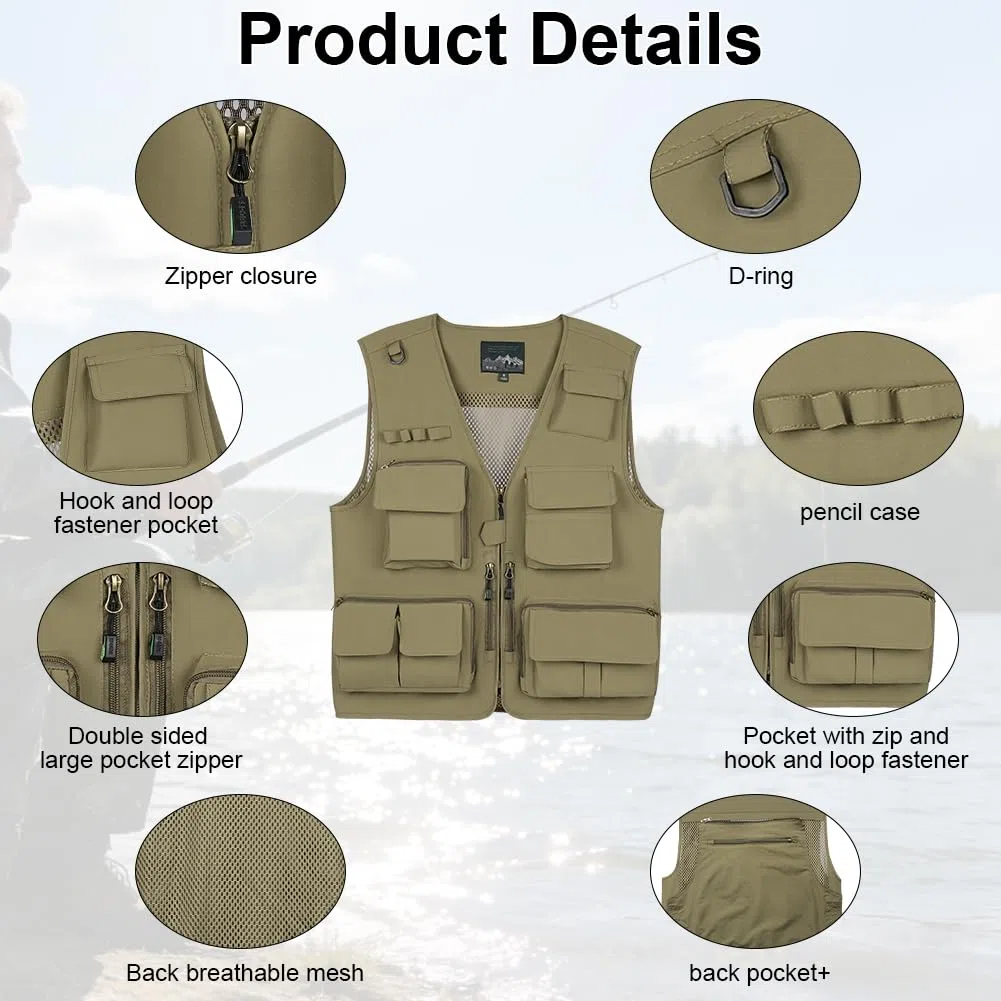 Uomo Gilet da Pesca Multitasche, Gilet da Viaggio Leggero e Traspirante, Giacca Senza Maniche da Esterno, Adatto per la Pesca, Attività All'aperto, Campeggio, Alpinismo
