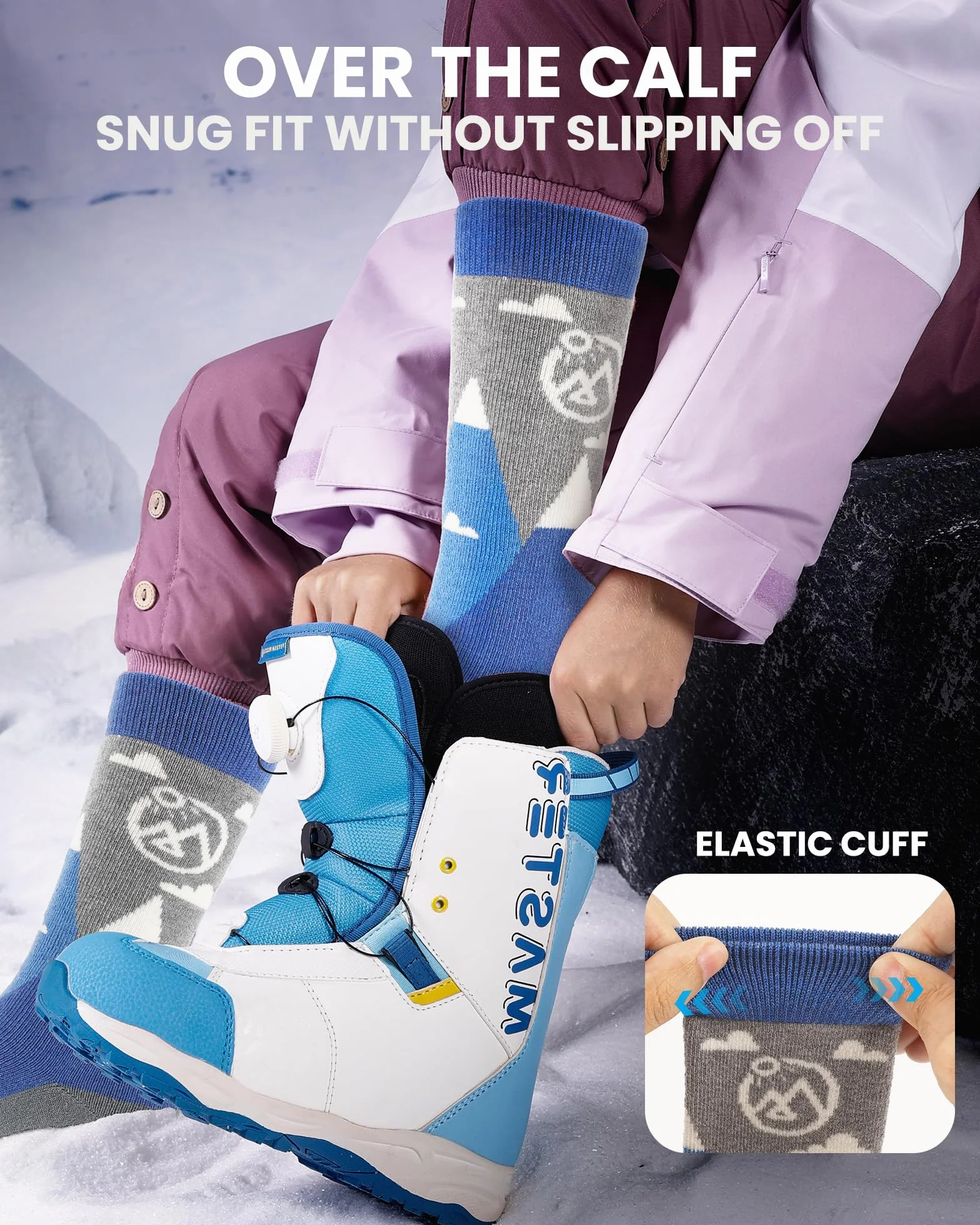 OutdoorMaster 2 Paia Lana Merino Calze da Sci per bambini, Calze Invernali da Snowboard Traspiranti per Ragazze/Ragazzi per Sport All'aria aperta con Sopra il Polpaccio Design/Polsini Antiscivolo