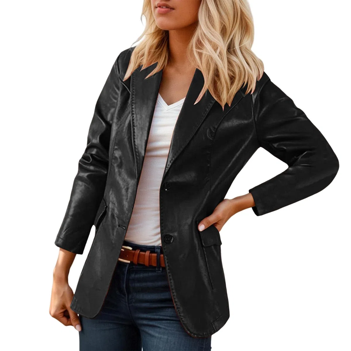 Giacca in similpelle da donna Punk PU blazer Y2K Retro Camicetta a maniche lunghe, con colletto a risvolto, per il tempo libero, elegante bomber