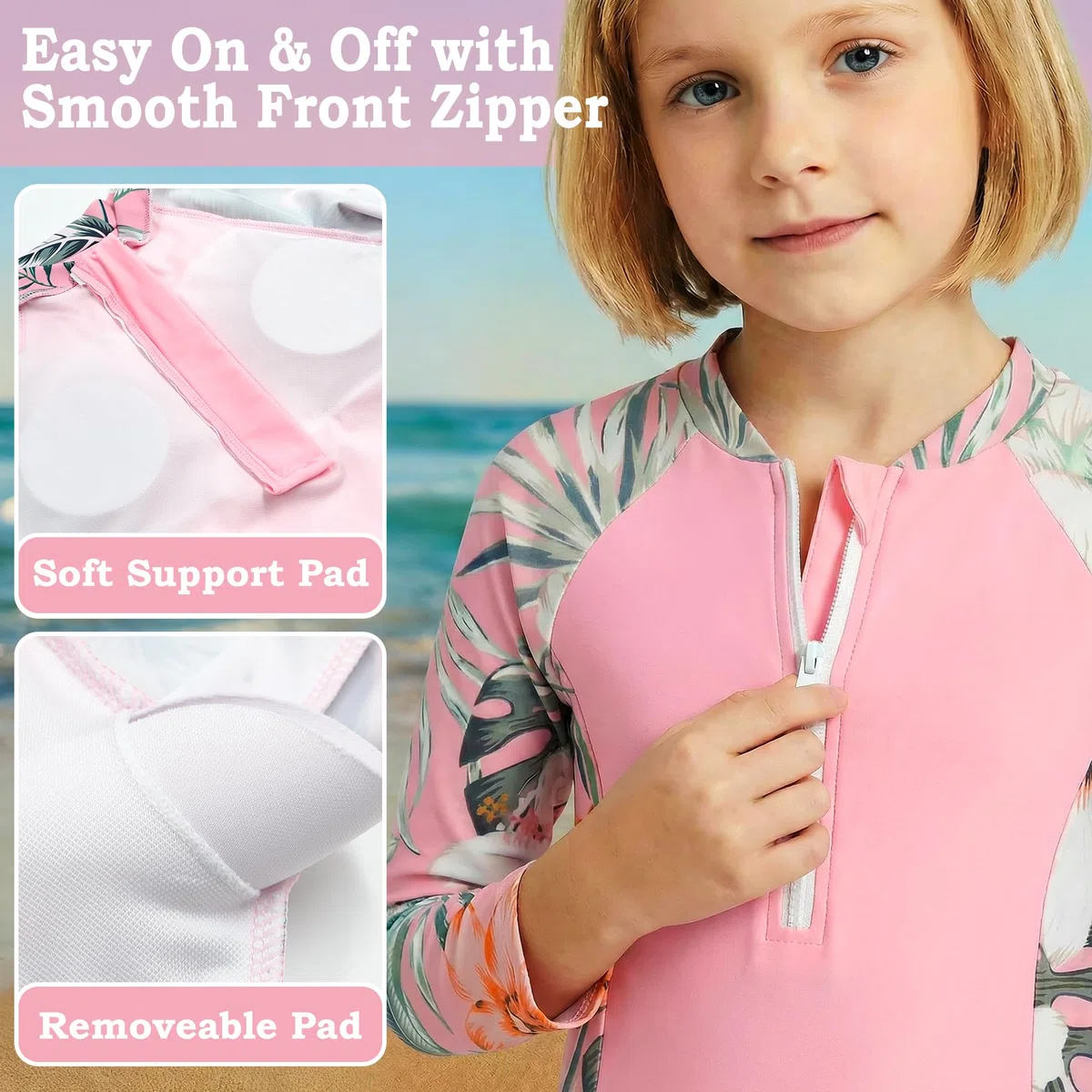 Costume da Bagno Ragazze 2 Pezzi Manica Lunga Rash Guard Protezione Solare, Stampa Floreale Top con Zip e Pantaloncini Morbidi, Costume Piscina Spiaggia Nuoto Bambina per 5-11 Anni