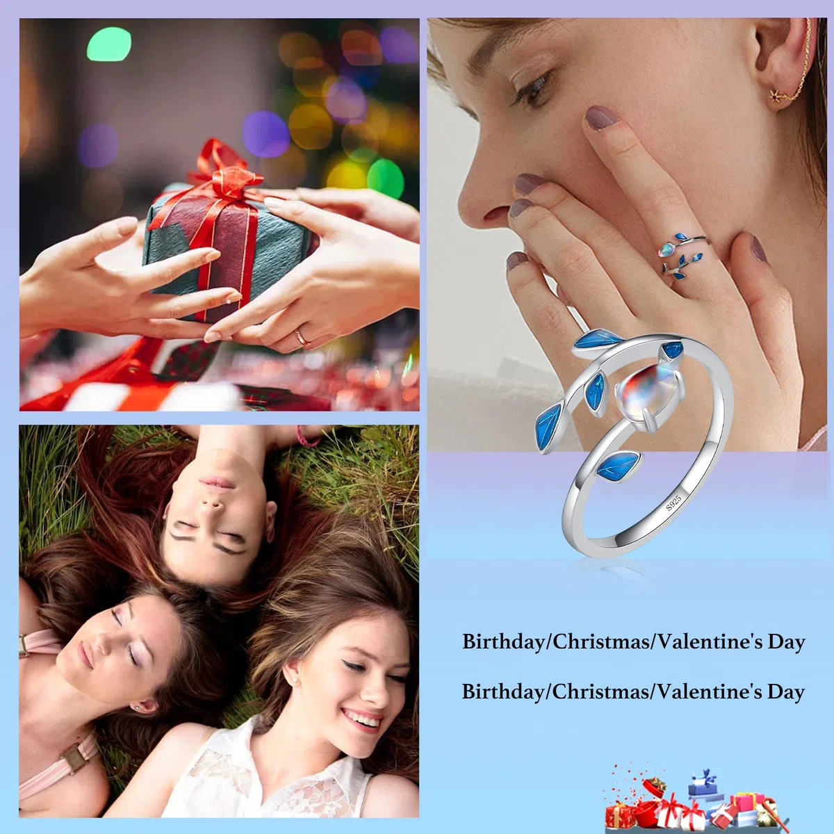 Qings Anello Pietra di Luna Argento Sterling 925 Regolabile Aperto Ovale Arcobaleno Moonstone Foglia Anelli per Donne Ragazze