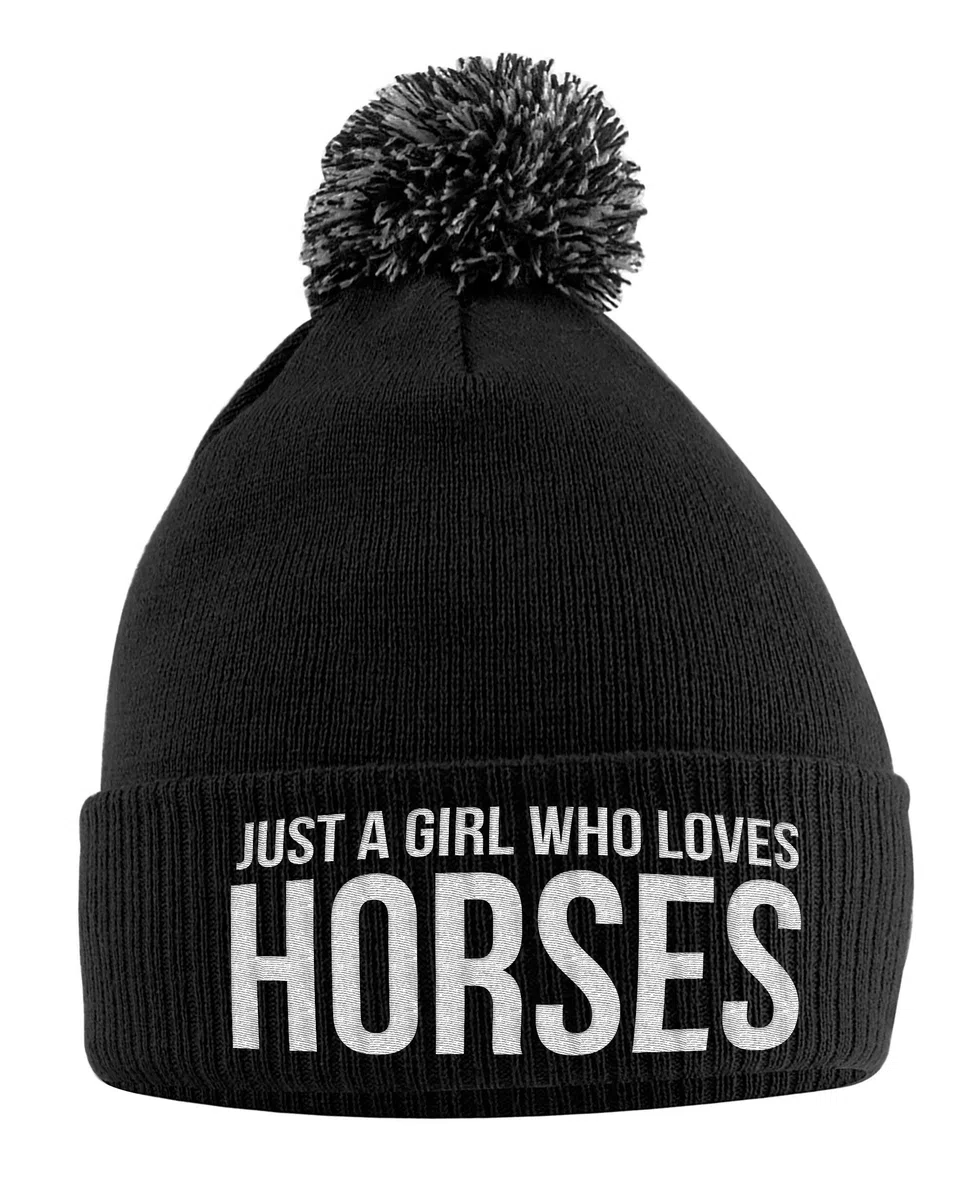 Cappello da equitazione con scritta "Just A Girl Who Loves Horses", accessorio per equitazione, regalo per ragazze, amanti dei cavalli, cappello invernale con pompon per ragazze, regalo per