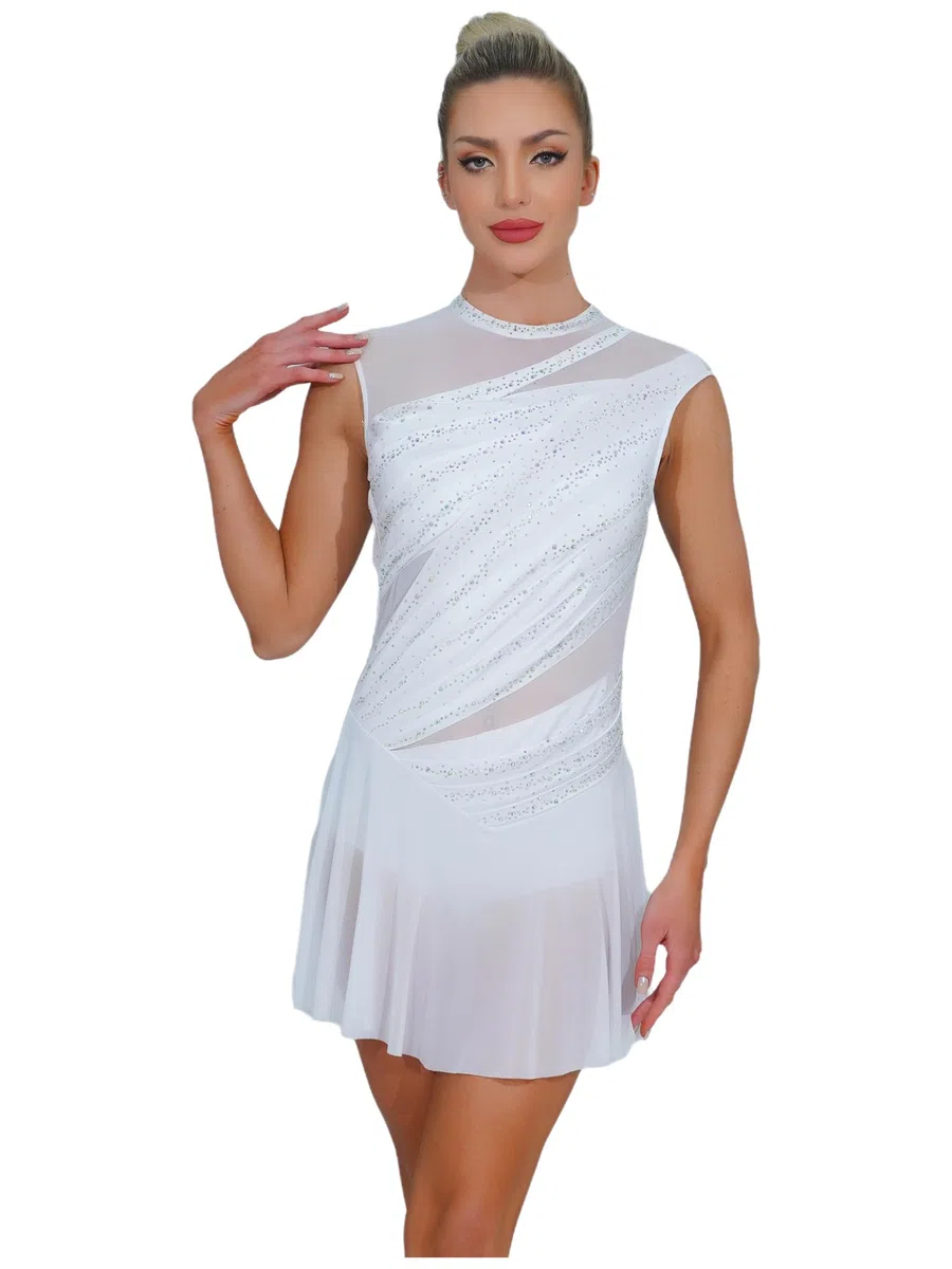 Vestito da donna Danza Pattinaggio Artistico Body Ginnastica Strass senza maniche Costume Danza Concorso Contemporaneo