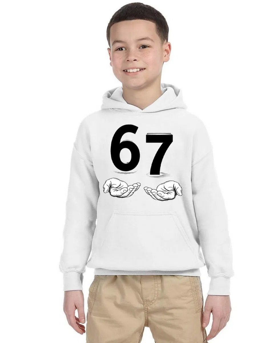 Felpa con Cappuccio Six Seven 6 7 Meme Gen Alpha Brain Rot Sweatshirt Taglia Bambini Bianca o Nera