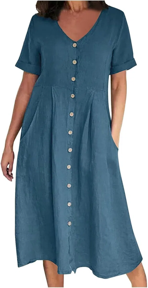 Abito da Donna in Cotone e Lino con Bottoni, Maxi Abito Casual con Scollo a V e Maniche Corte, Tinta Unita, Leggero, Ampio, con Tasca