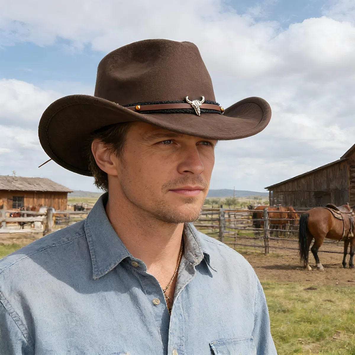 Cappello da Cowboy per Donne e Uomini, Cappelli da Cowgirl in Finta Pelle e Feltro con Tesa Larga per Esterni con Cinturino, Marrone