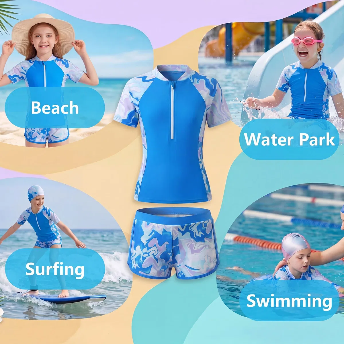 Costume da Bagno Ragazze 2 Pezzi a Manica Corta con Zip e Pantaloncini Morbidi, Stampa Floreale Rash Guard Protezione Solare Costume Piscina Spiaggia Nuoto per Bambini 5-14 Anni