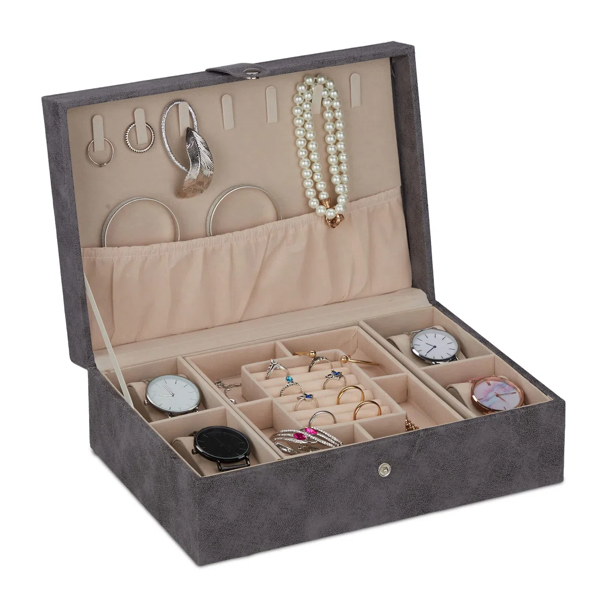 Relaxdays Portagioie, Organizer per Gioielli, Cofanetto Portabijoux, Similpelle, Comò e Scrivania, 10x29x20 cm, Grigio