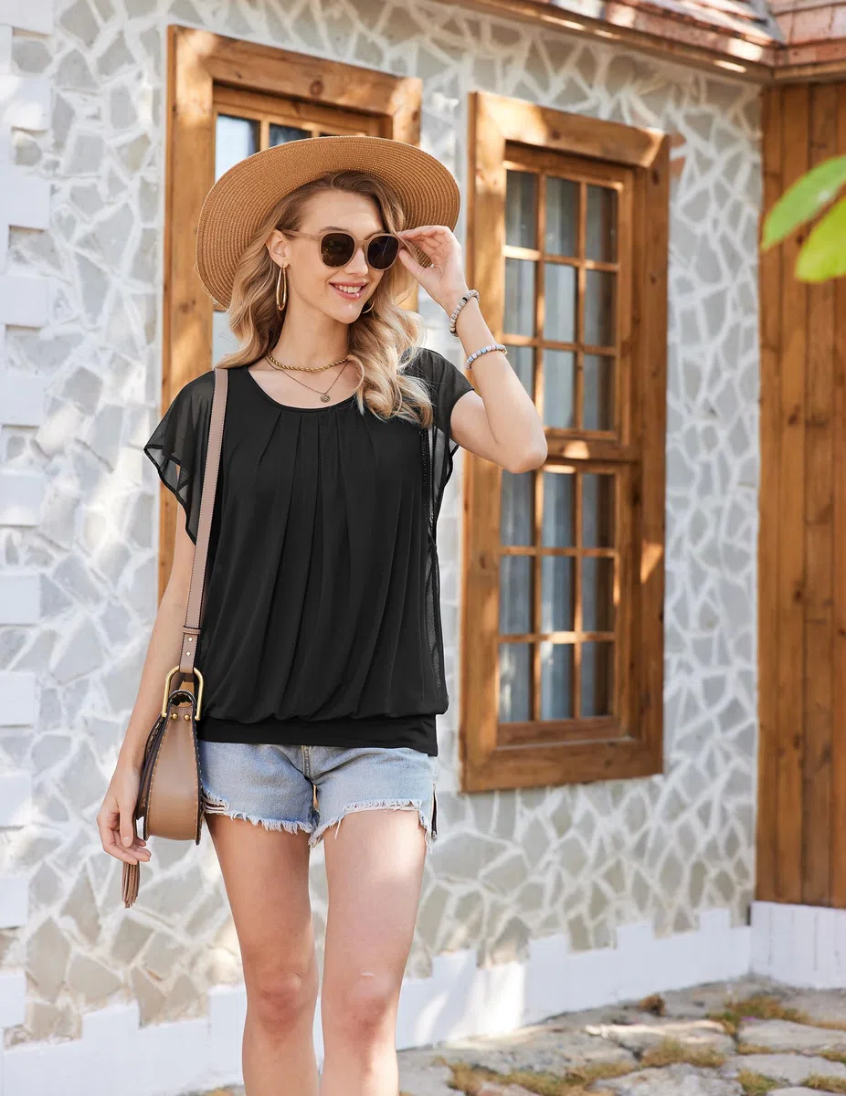 Zeagoo Camicia Donna Elegante PipistrelloTop Tunica Casual Maniche Corte Chiffon Blusa Estiva Floreale Unita T-Shirt
