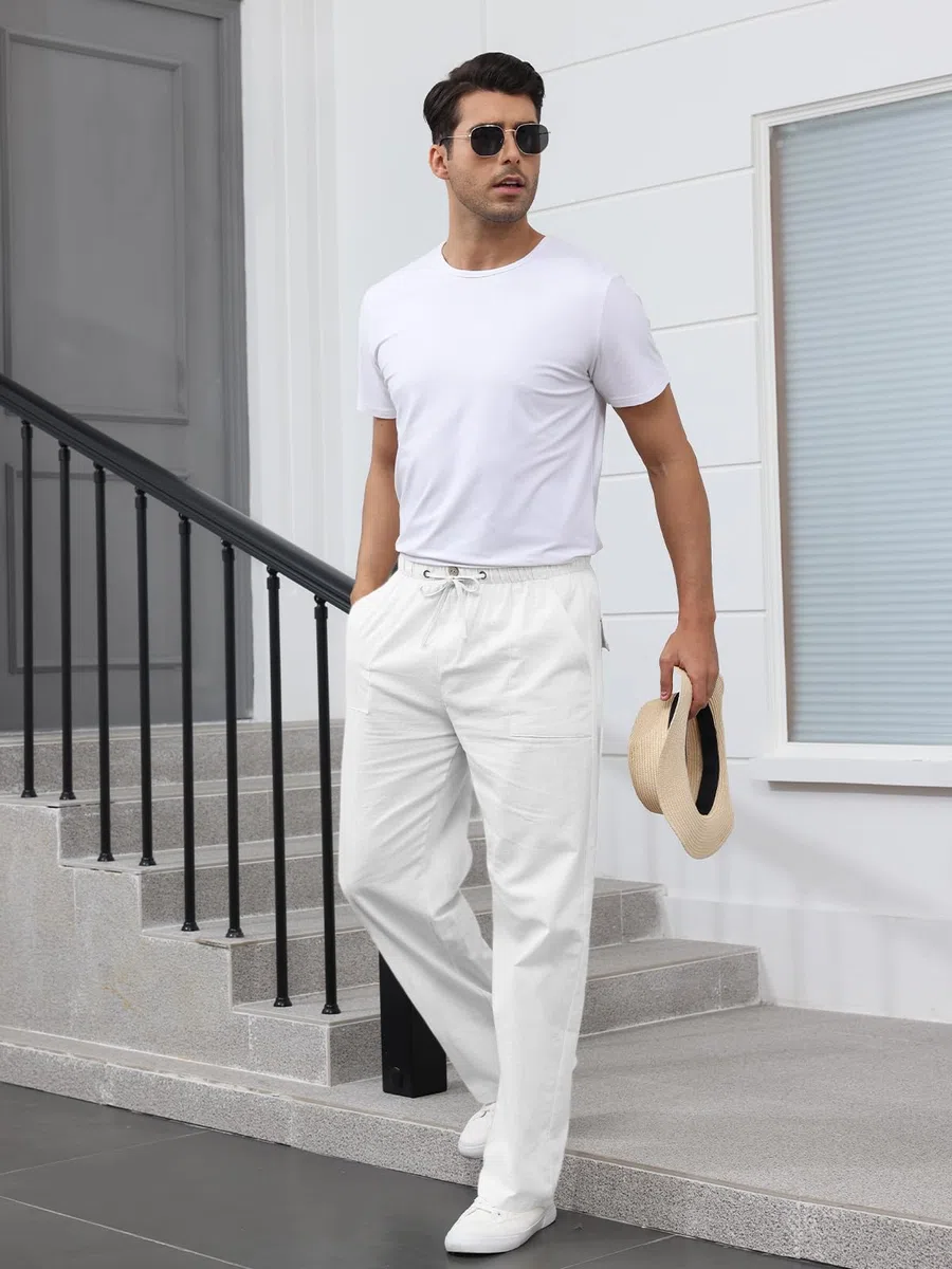 Pantaloni Uomo Estivi Pantaloni in Lino Pantaloni Uomo Estivi Leggeri Pantalone Larghi per Il Tempo Libero con Tasche, Elastico in Vita e Coulisse