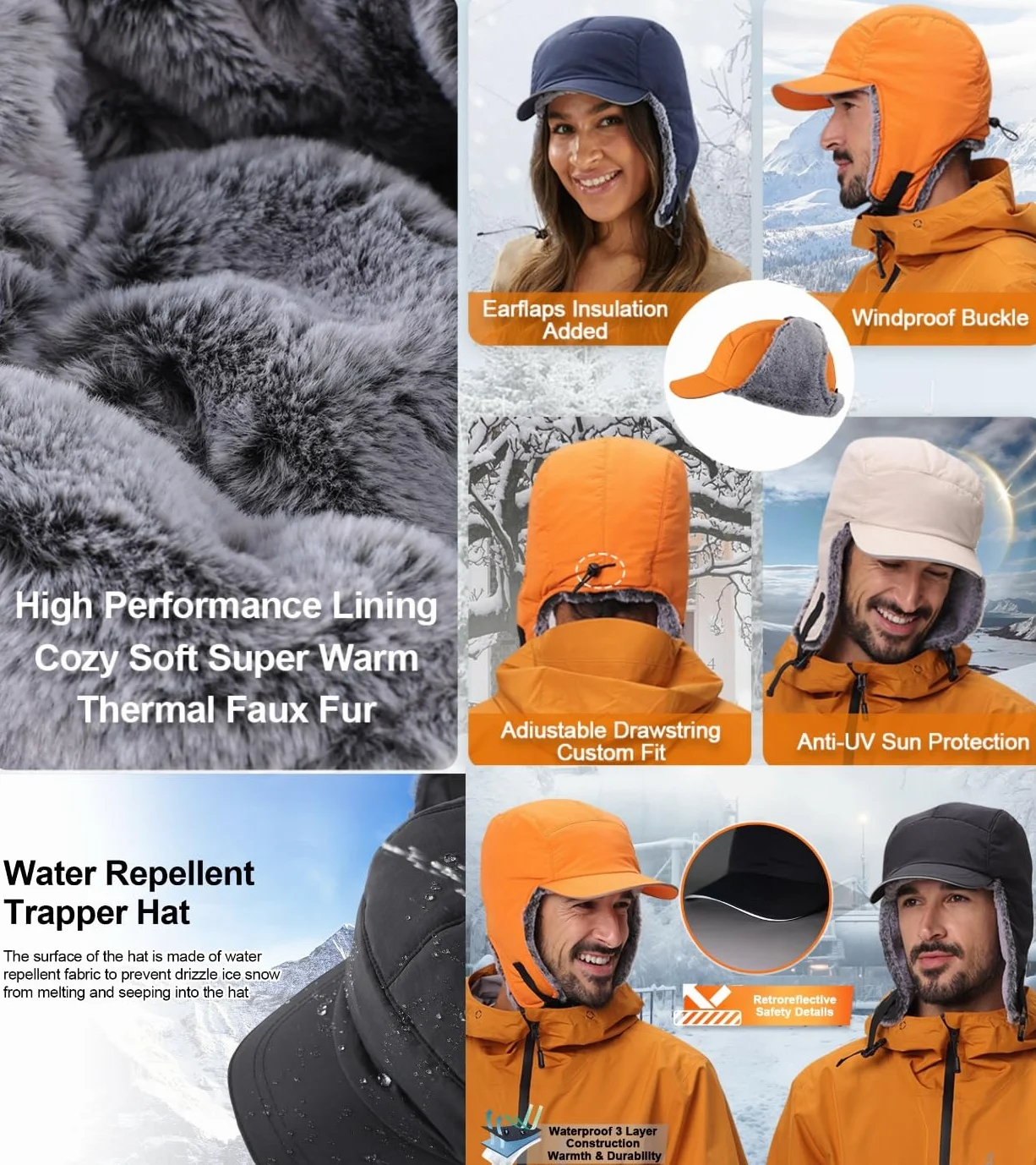 Cappelli invernali da uomo con paraorecchie, idrorepellente, cappello da baseball riflettente