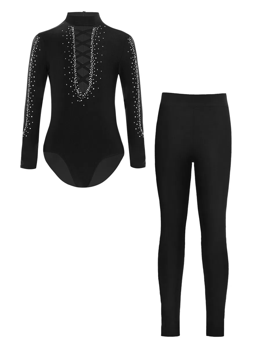 ranrann Camicia da Ballo Ragazzo Body Danza Classica con Strass e Leggings Completo da Ballo Latino Tuta da Ginnastica Leotard Pattinaggio Artistico Dancewear