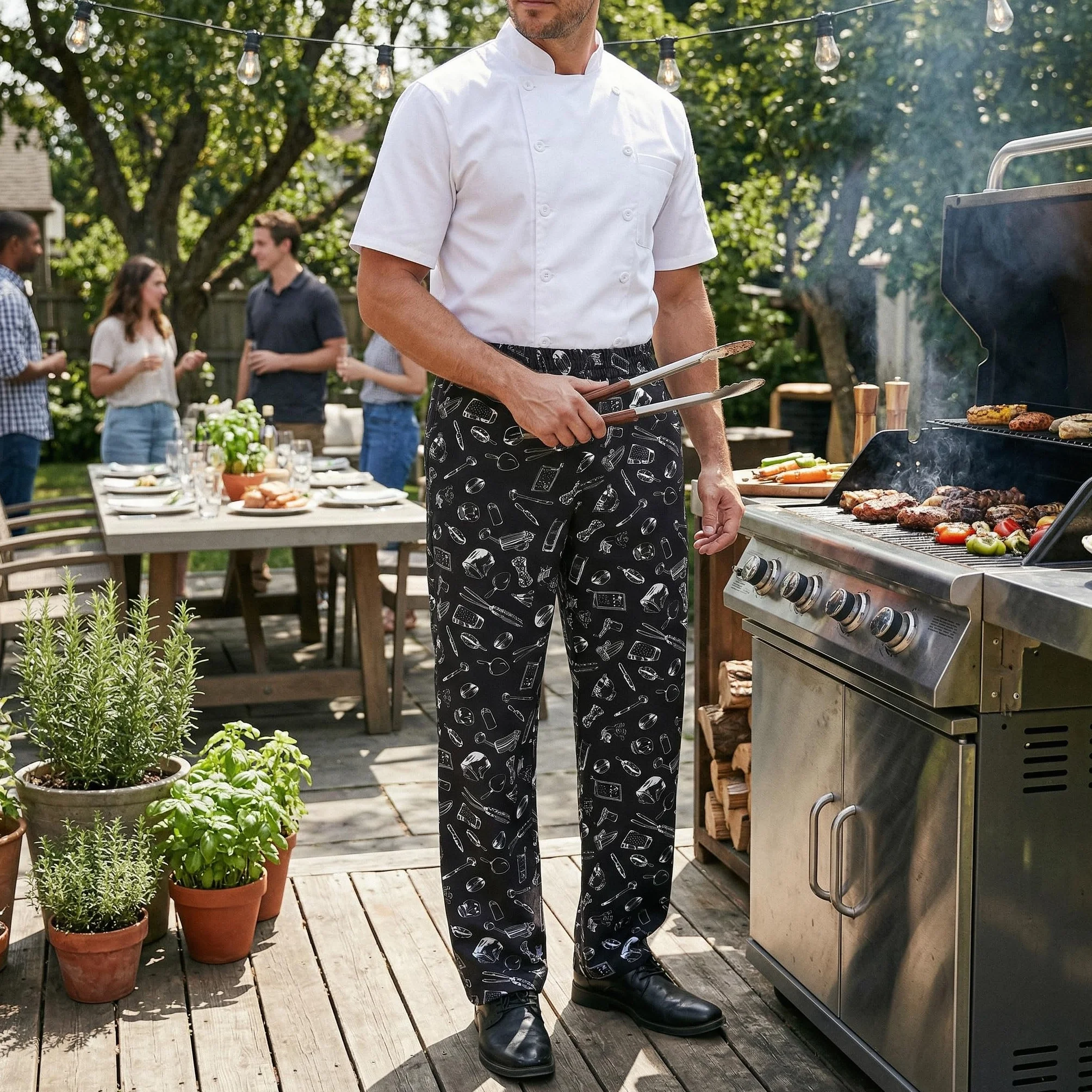 Nanxson Pantaloni da Cuoco Larghi da Uomo, Pantaloni da Lavoro Stampati con Divise da Cucina da Ristorante in Vita Elastica CFM2013