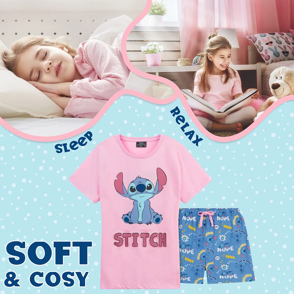 Disney Stitch Pigiama Bambina Estivo Cotone Misto Pigiama Ragazza Corto Due Pezzi IH Oh 4-14 Anni Pigiami Bambina Pantaloncini Manica Corta Stitch Gadget Ufficiale