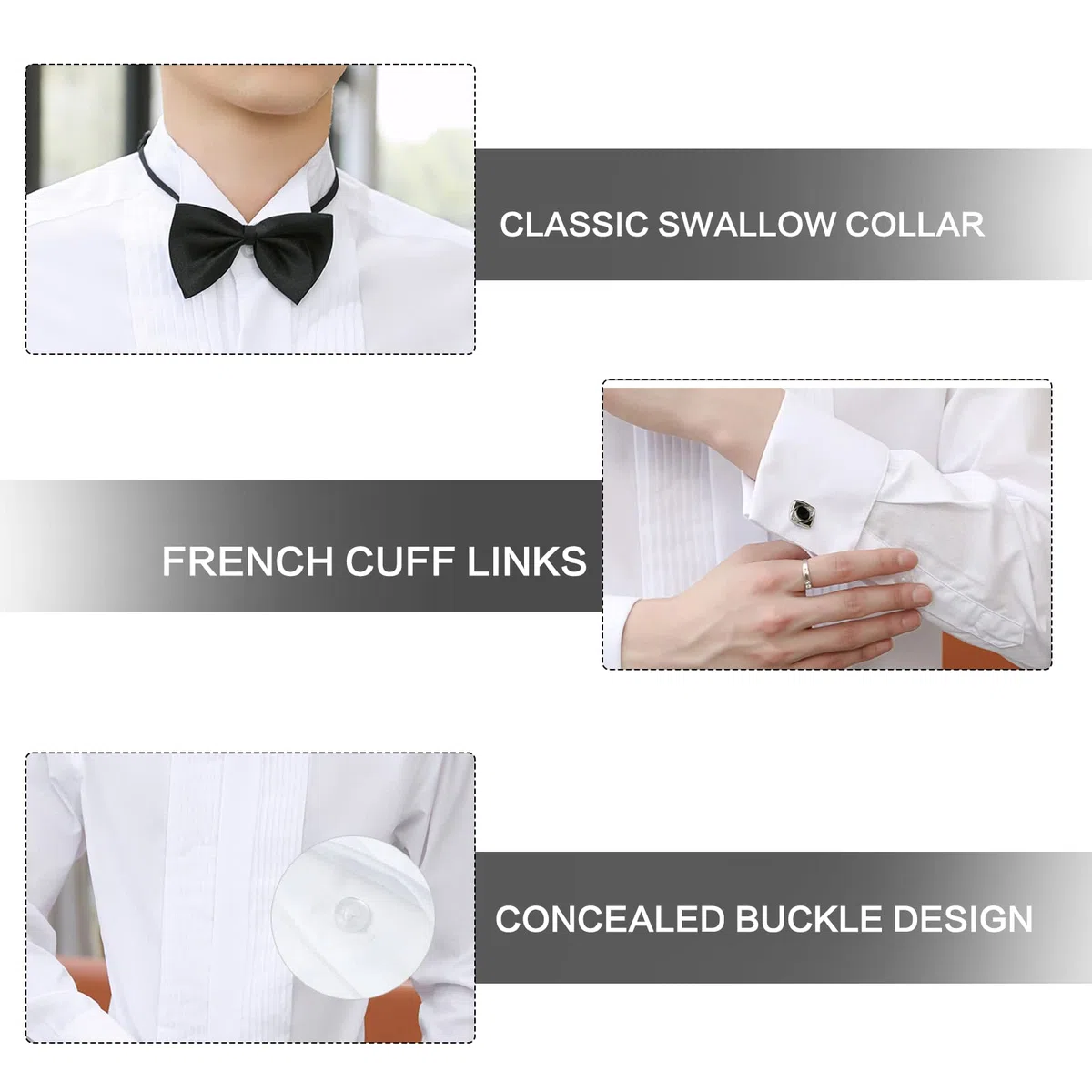 Camicia da smoking da uomo con colletto ad ala piega frontale polsini francesi con 2 papillon camicie abbottonate