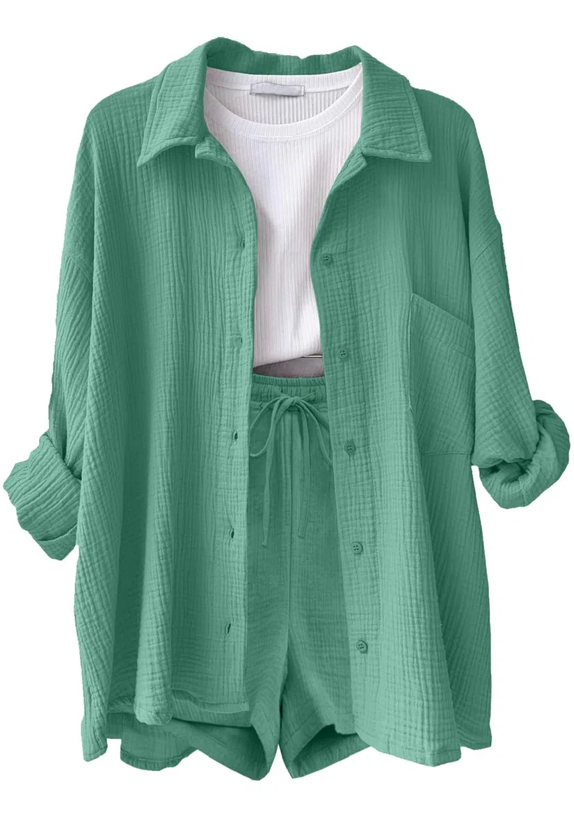 Yutdeng Completo Donna 2 Pezzi Camicia a Maniche Lunghe e Pantaloncini con Coulisse e Tasche Elegante Completo Estivo Tuta da Casa Casual Completo Sportivo in Lino Tuta da Ginnastica