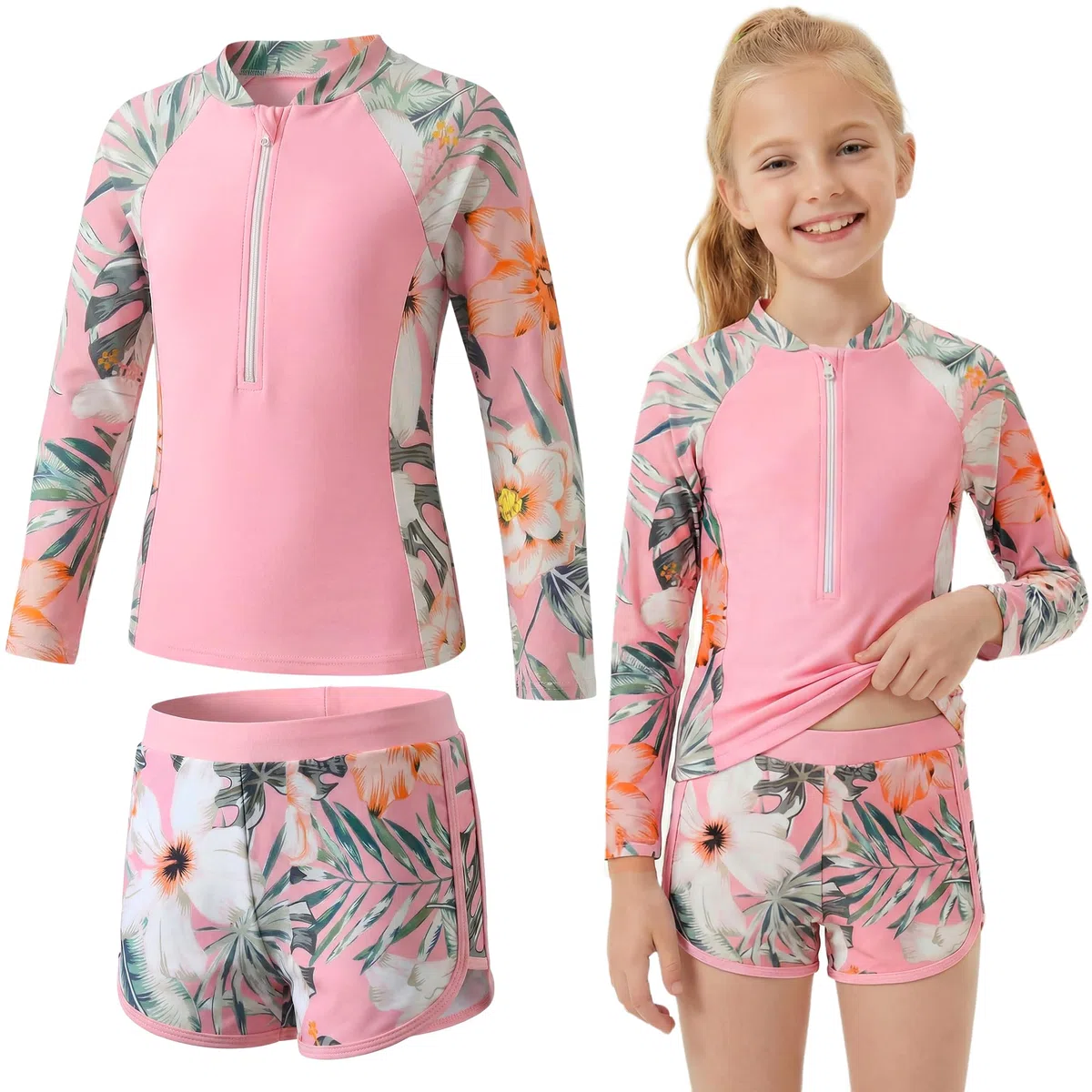 Costume da Bagno Ragazze 2 Pezzi Manica Lunga Rash Guard Protezione Solare, Stampa Floreale Top con Zip e Pantaloncini Morbidi, Costume Piscina Spiaggia Nuoto Bambina per 5-11 Anni