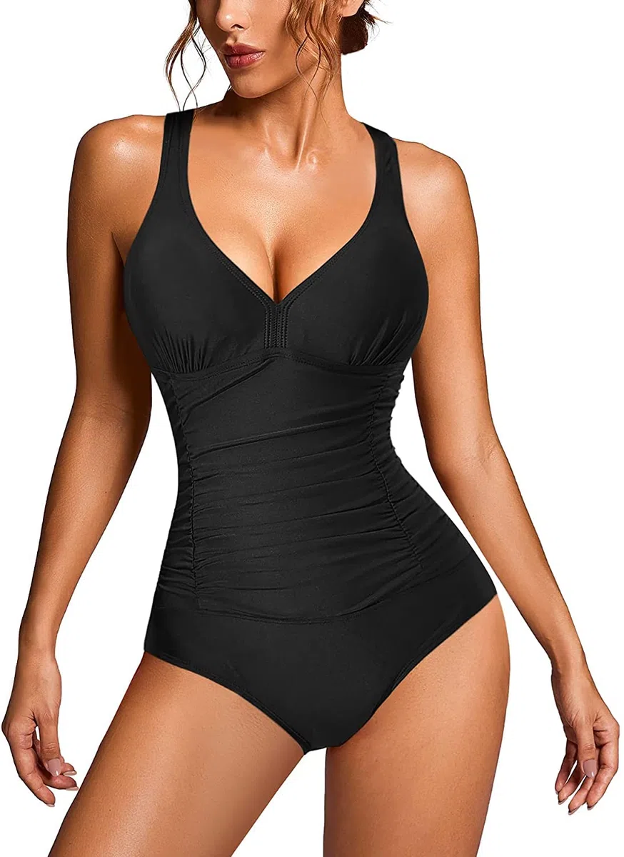 Donna Costume da Bagno Contenitivo Push Up a Vita Alta Costumi da Mare Elegante Scollo a V Bodysuit One Piece Monokini