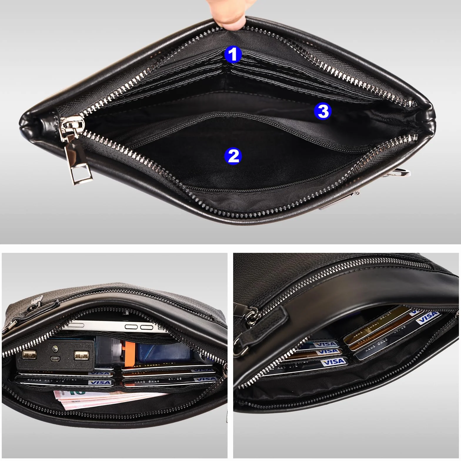 Eshow Pochette Uomo, Borsello Uomo a Mano in Pelle Sintetica, Borsa da Polso Borsetta Chiusura a Zip para Lavoro Ufficio Viaggio Conferenza Nero