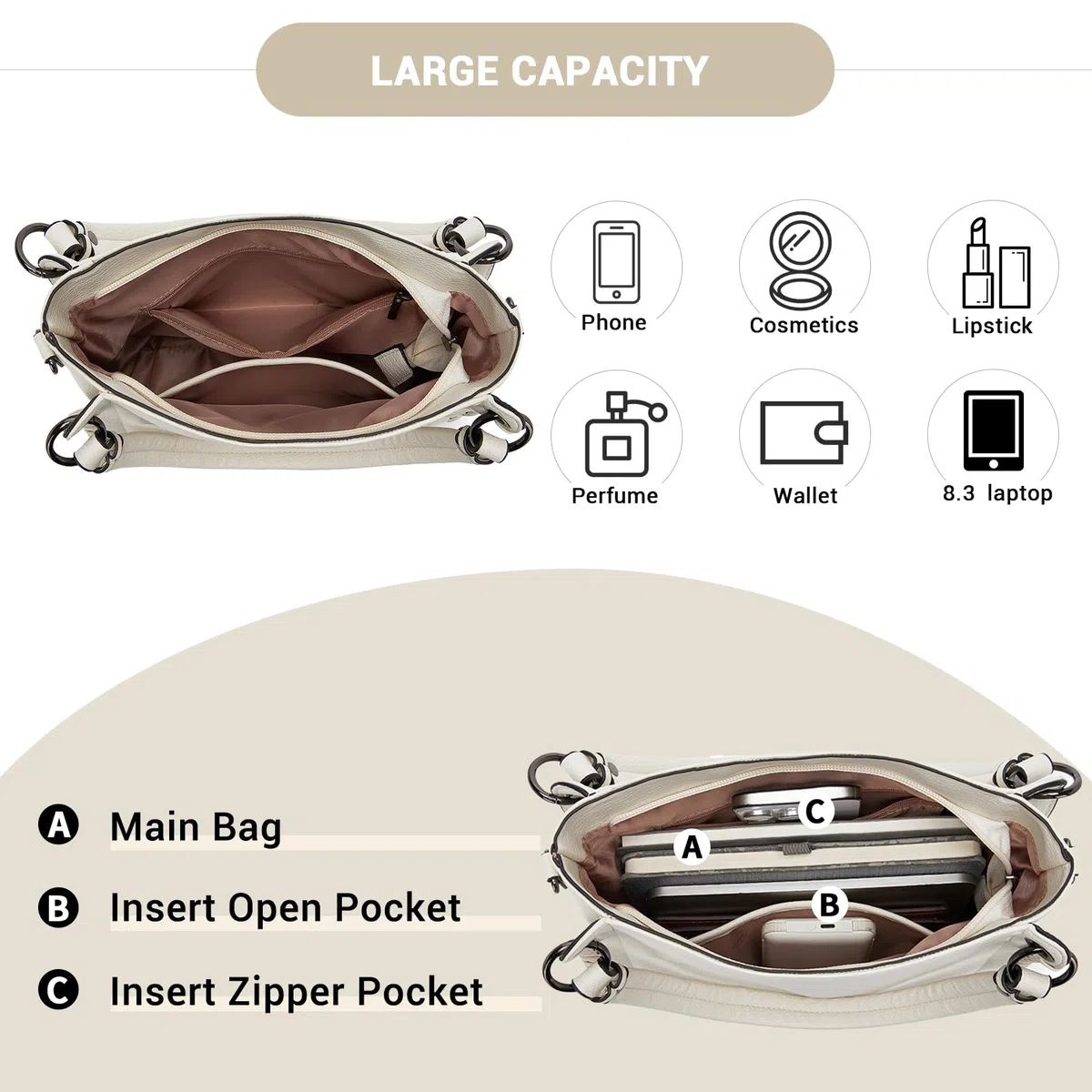 Miss Lulu Borsa Donna Tracolla Elegante Media, Borse Mano Spalla Morbida PU Pelle Impermeabile, Borsetta Grande Con 3 Tasche, Tote Bag per Lavoro Scuola Università e Viaggio