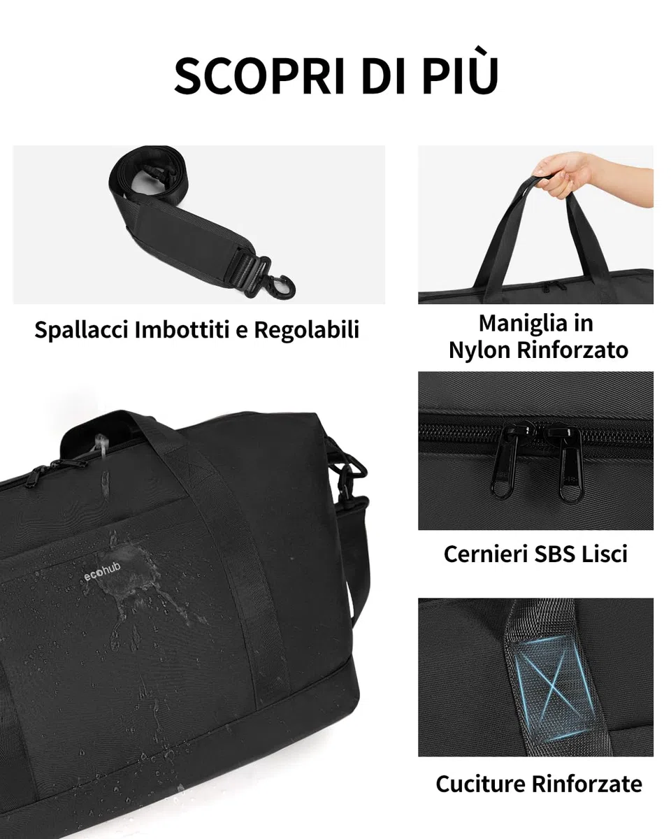 EHOHUB Borsa da Viaggio Pieghevole, Borsone da Viaggio Resistente All'acqua 40x30x20 Per Donna e Uomo, Bagaglio a Mano per Ryanair con Tasca Bagnata per Aereo, Palestra, Weekend, Nero