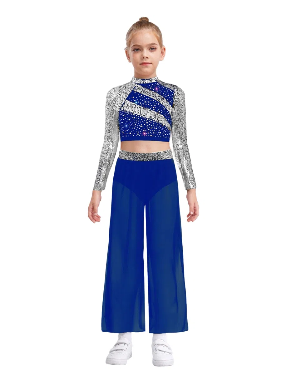MSemis Tuta da Ballo Lirico Contemporaneo Bambina Completo da Ballo Latino Americano Tango Crop Top da Ginnastica Artistica Manica Lunga + Pantaloni Larghi Dancewear
