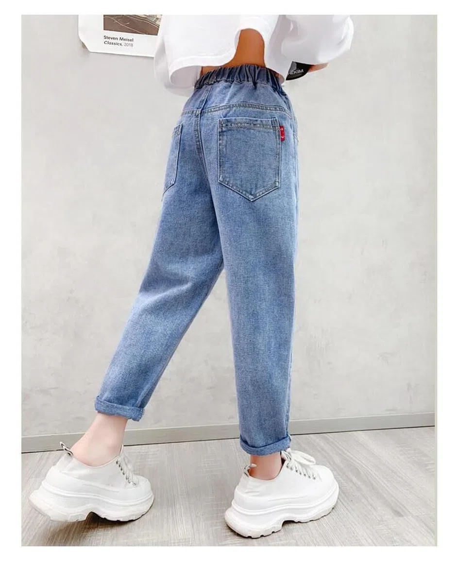 Jeans casual da ragazza con vita elastica con tasche posteriori, jeans perfetti per bambini dai 6 ai 12 anni, comodi pantaloni da ragazza da indossare tutti i giorni