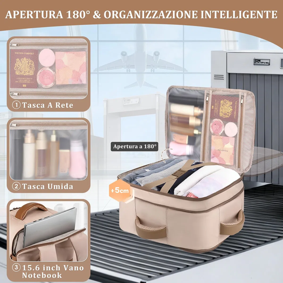 ETRONIK Zaino Ryanair 40x30x20 Sottosella, Zaino da viaggio aereo cabina espandibile 24-30L, Bagaglio a mano compatibile Wizz Air, Easyjet, Borsa da viaggio adatta per laptop 15,6 pollici, Cachi