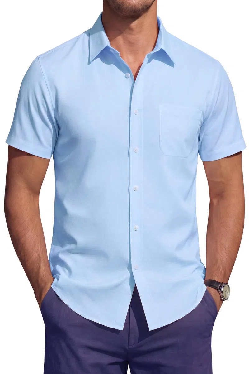 HISDERN Camicia Uomo Manica Corta Elasticizzata Non Stiro Regular Fit Elegante Estiva Business Casual da Lavoro con Taschino
