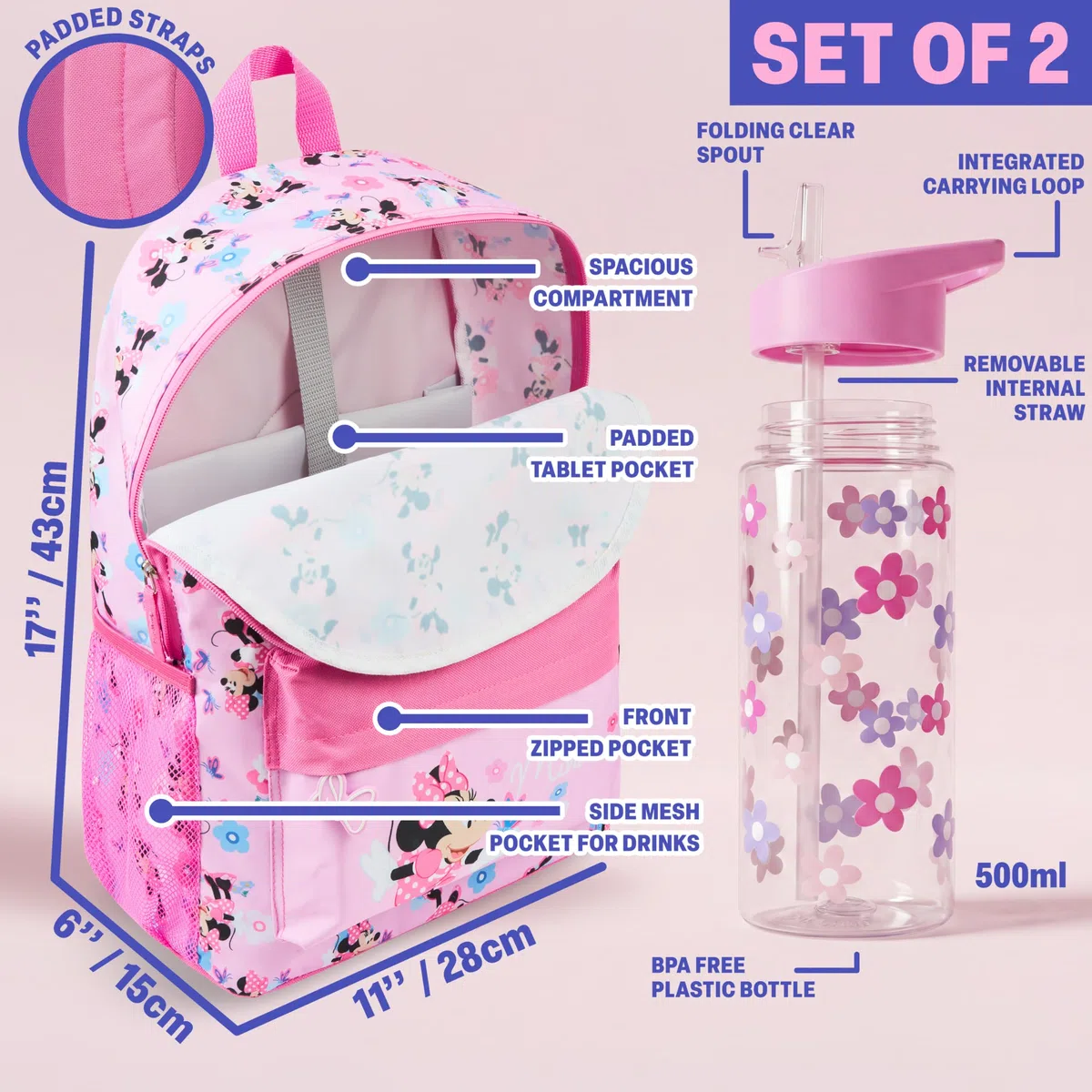 Get Trend Disney Minnie Mouse Zainetto Bambina Zip, Zaino Scuola Set con BPA Free Flip Top Borraccia con Cannuccia per Scuola (Rosa Minnie)