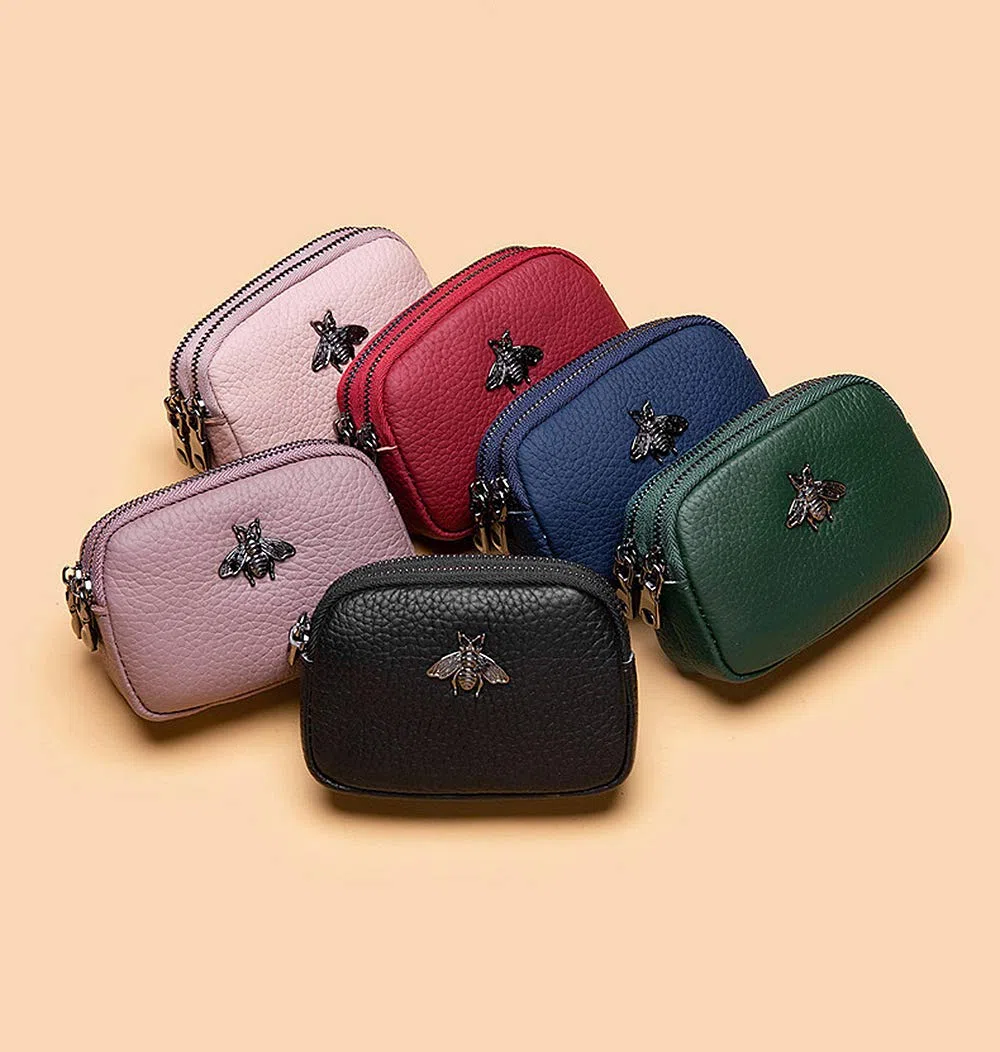 Portamonete da donna in vera pelle - Doppia cerniera Bee Change Pouch Portafoglio Porta carte Portamonete Mini Semplice portamonete carino