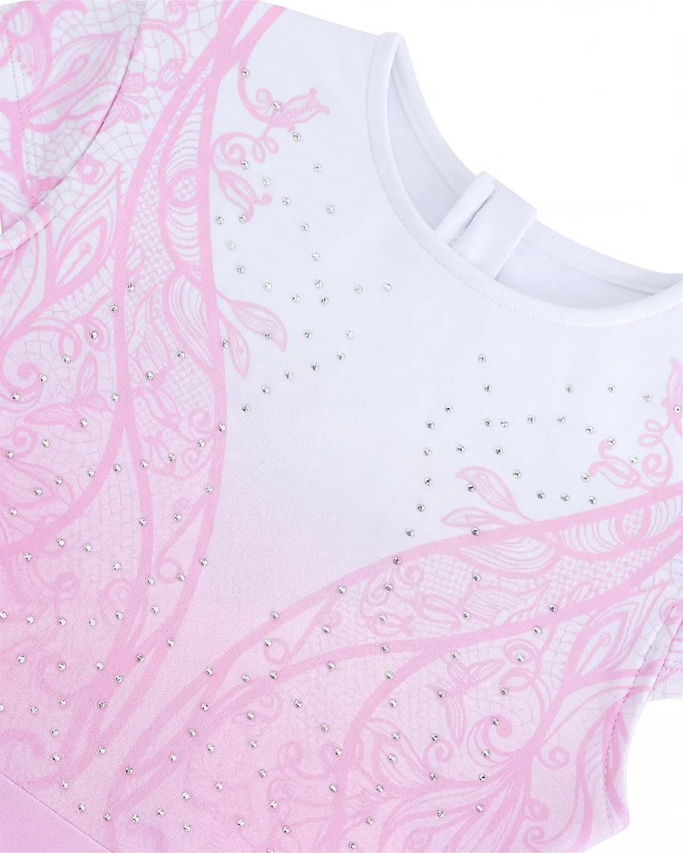 Gogokids Set da ginnastica da bambina con gonna, a maniche corte, con gemme scintillanti e stampa, 3 pezzi, per danza, yoga, performance, include elastico per capelli, età 3-12 anni