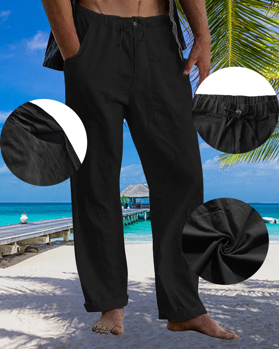 LVCBL Pantaloni Sportivi Casual in Lino da Uomo Estivi Larghi per Yoga Spiaggia con Elastico in Vita,M-3XL