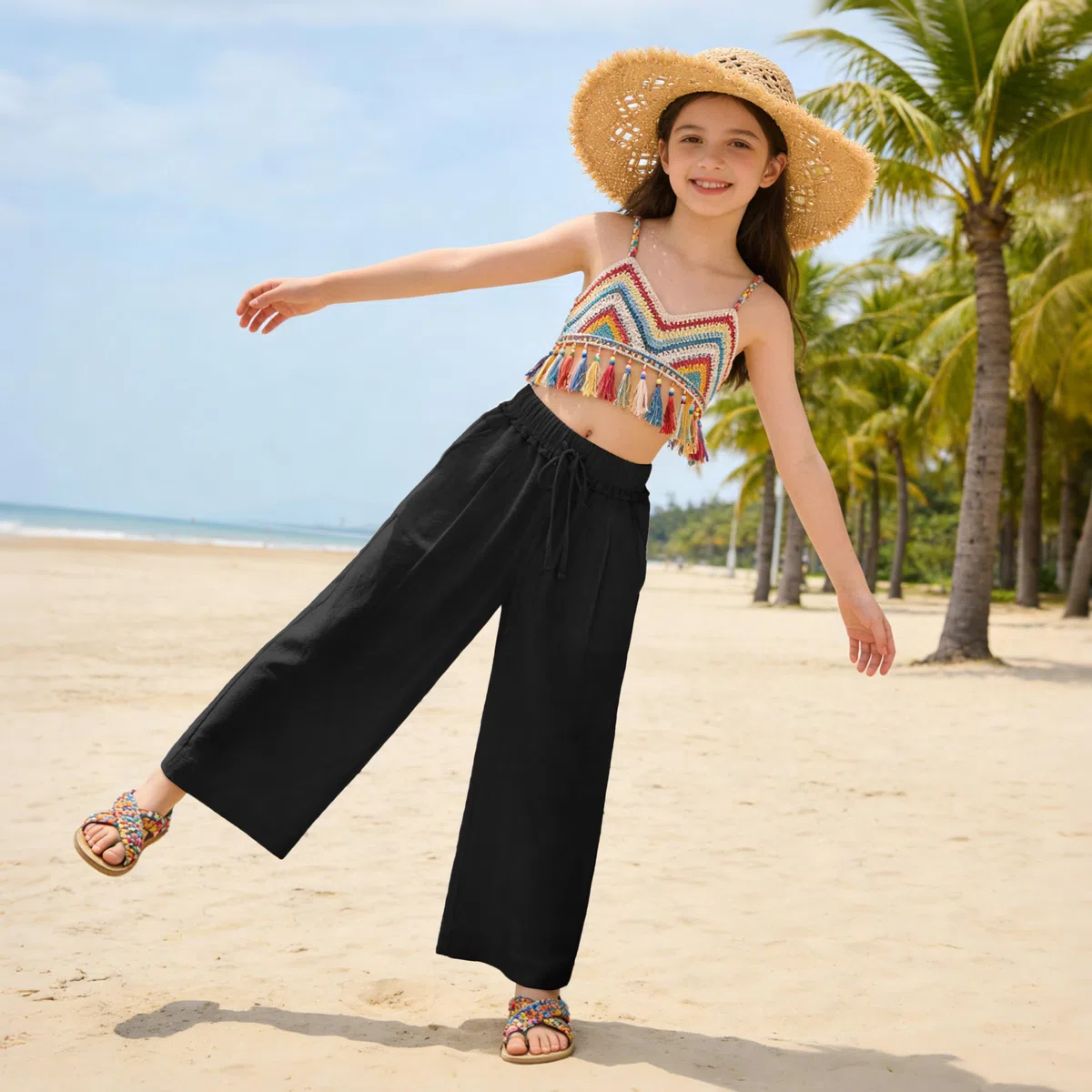 Rolanko Pantaloni di Lino per Ragazze, Vita Elastica Gamba Larga Pantaloni Palazzo Lounge Beach Fluidi con Tasche