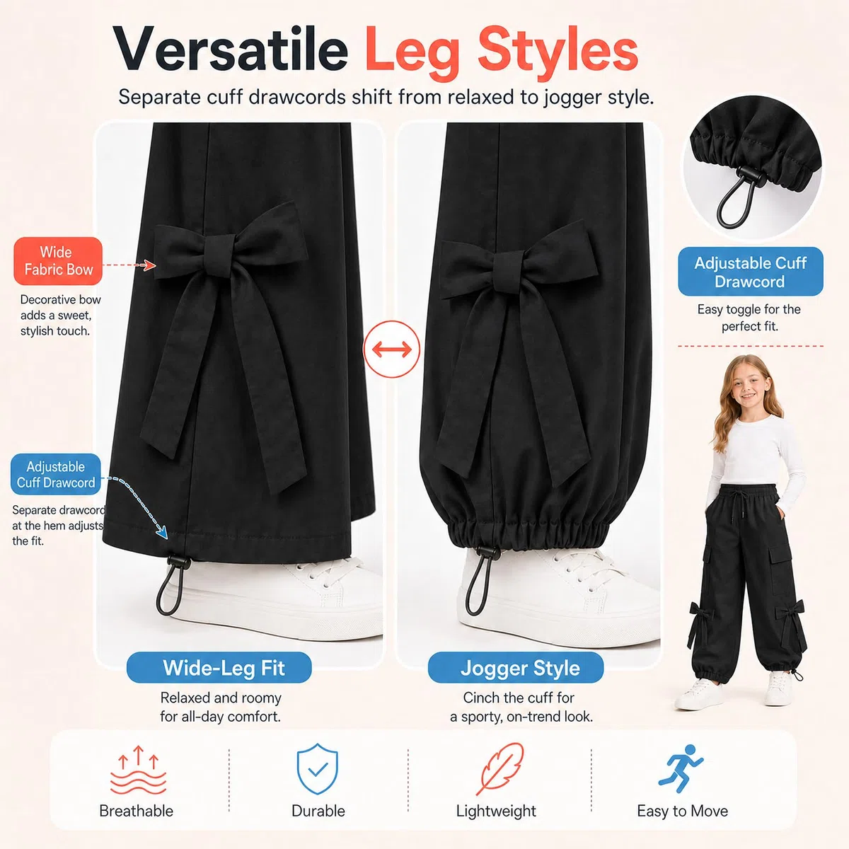JiAmy Pantaloni cargo larghi da ragazza, con fiocco, elastico in vita, gamba larga, traspiranti, Y2K, estivi, casual, per danza, scuola, gioco, 5-14 anni