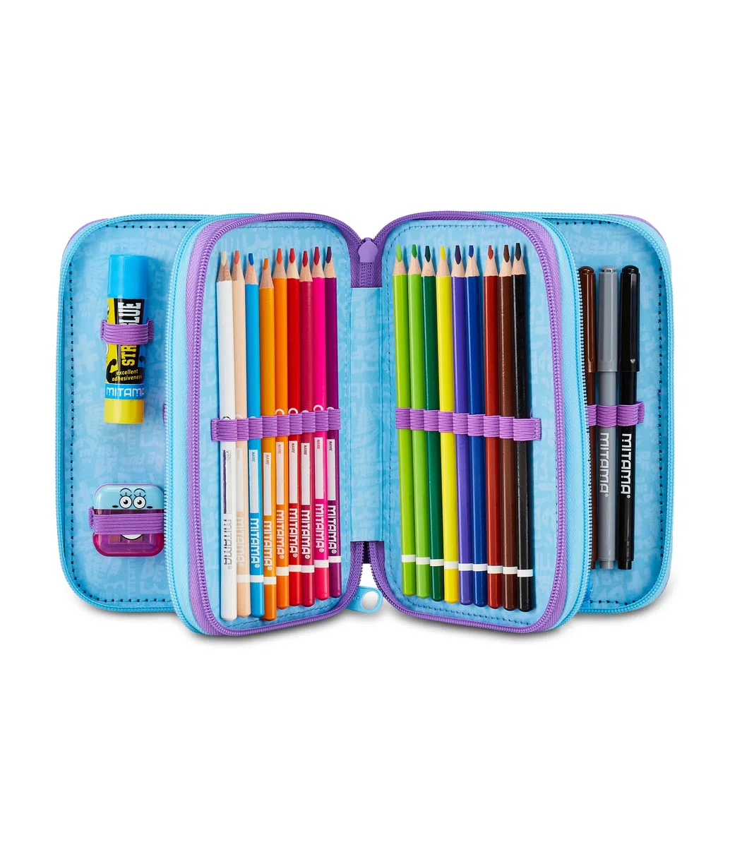Mitama Astuccio Scuola 3 Scomparti, TRIPLO DAISYPOP, Contenuto 47 pz, Completo di Matite, Pennarelli, Portapenne Scuola Elementare Bambina