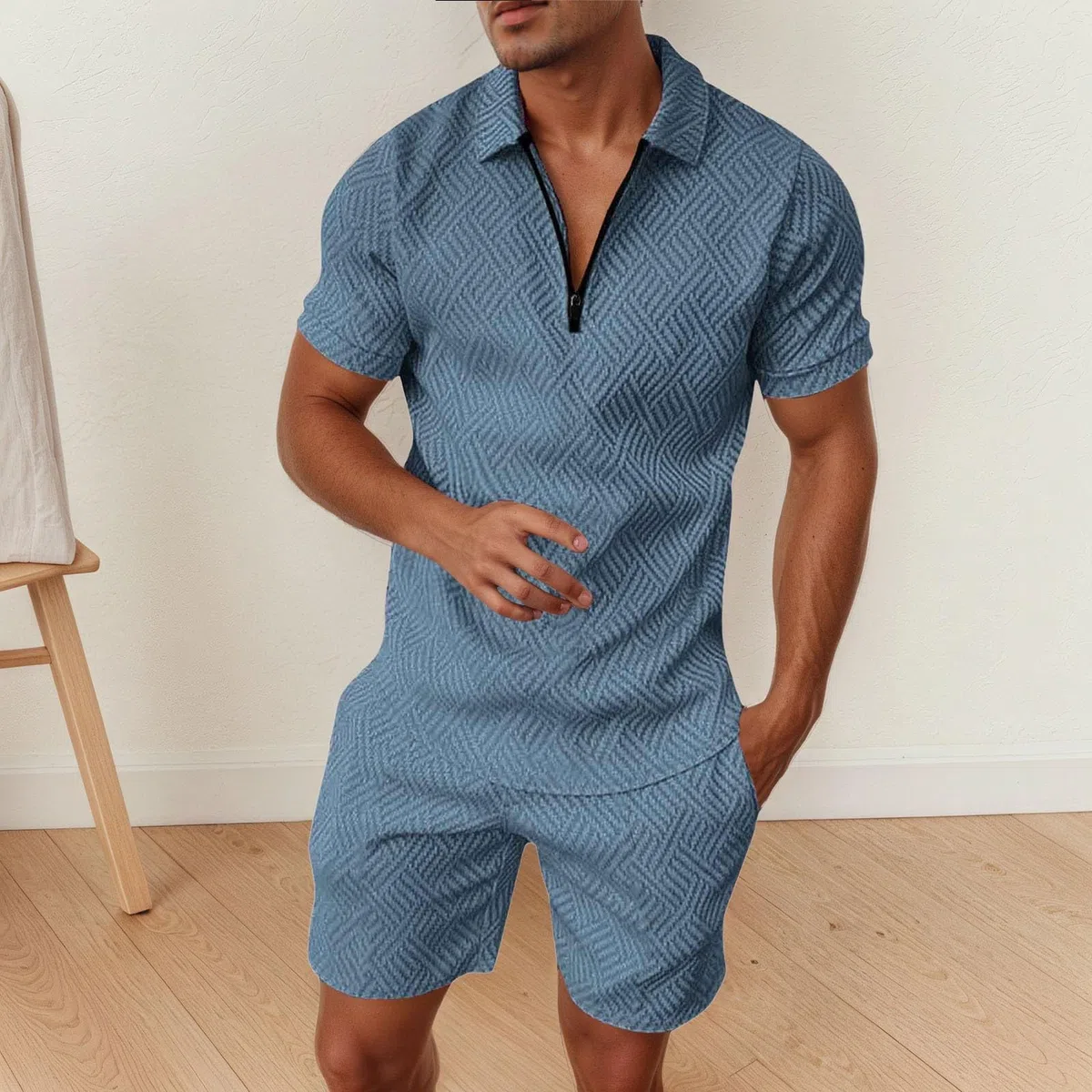 Tuta Uomo Estiva Sportiva Maniche Corte Cerniera T-Shirt e Pantaloncini Estiva 2 Pezzi Set Completo Completa Cotone Leggero Tute Due Maglietta e Complete
