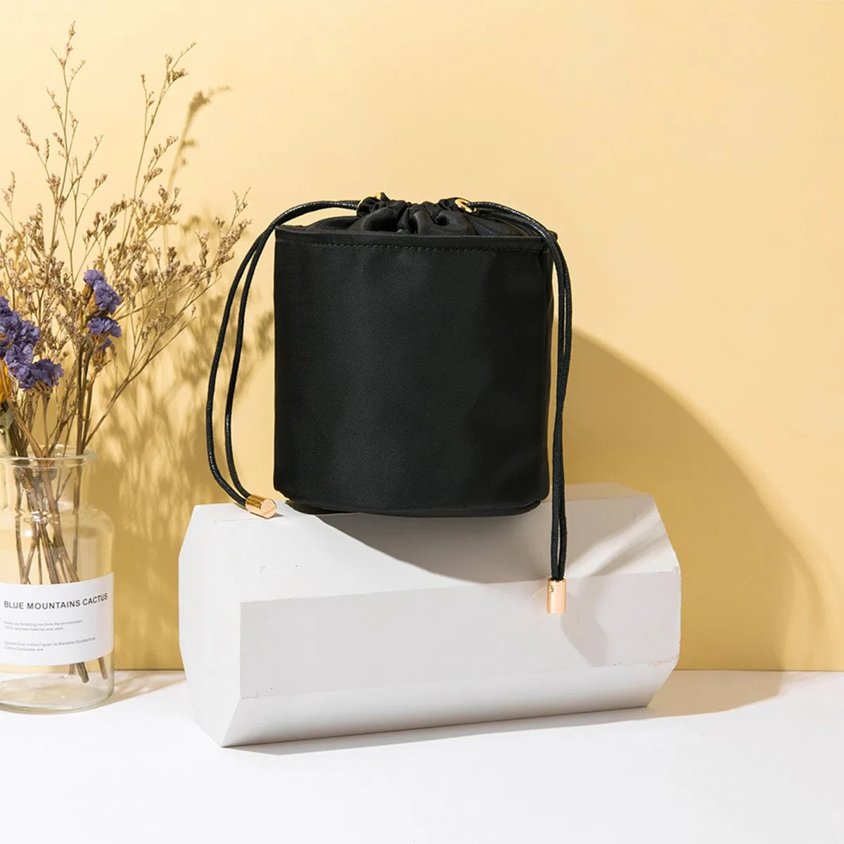 Organizer Alto da Donna in Tela, Rotondo per Borsetta e Cosmetici, Borsa per Trucchi (L, Nylon, Nero)