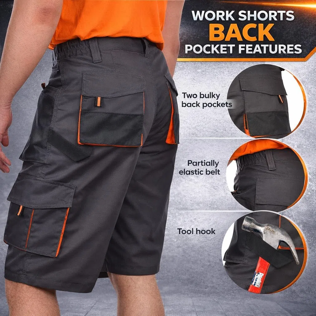 BWOLF Atlas – Pantaloncini da Lavoro Uomo Resistenti con Tasche Multiple | Tessuto Rinforzato 600D | Grigio/Arancione
