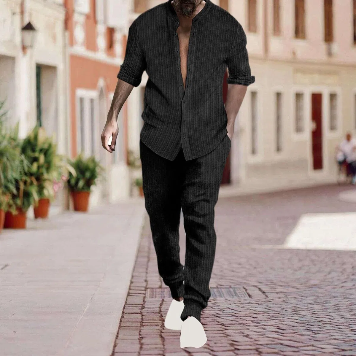 Tuta Uomo Completo Estiva Cotone e Lino Girocollo Morbido Completi Sportivi Traspiranti Larghi Camicia a Maniche Corte + Pantaloni Vacanza Spiaggia Set Due Pezzi Eleganti Elastico Tuta Da Ginnastica