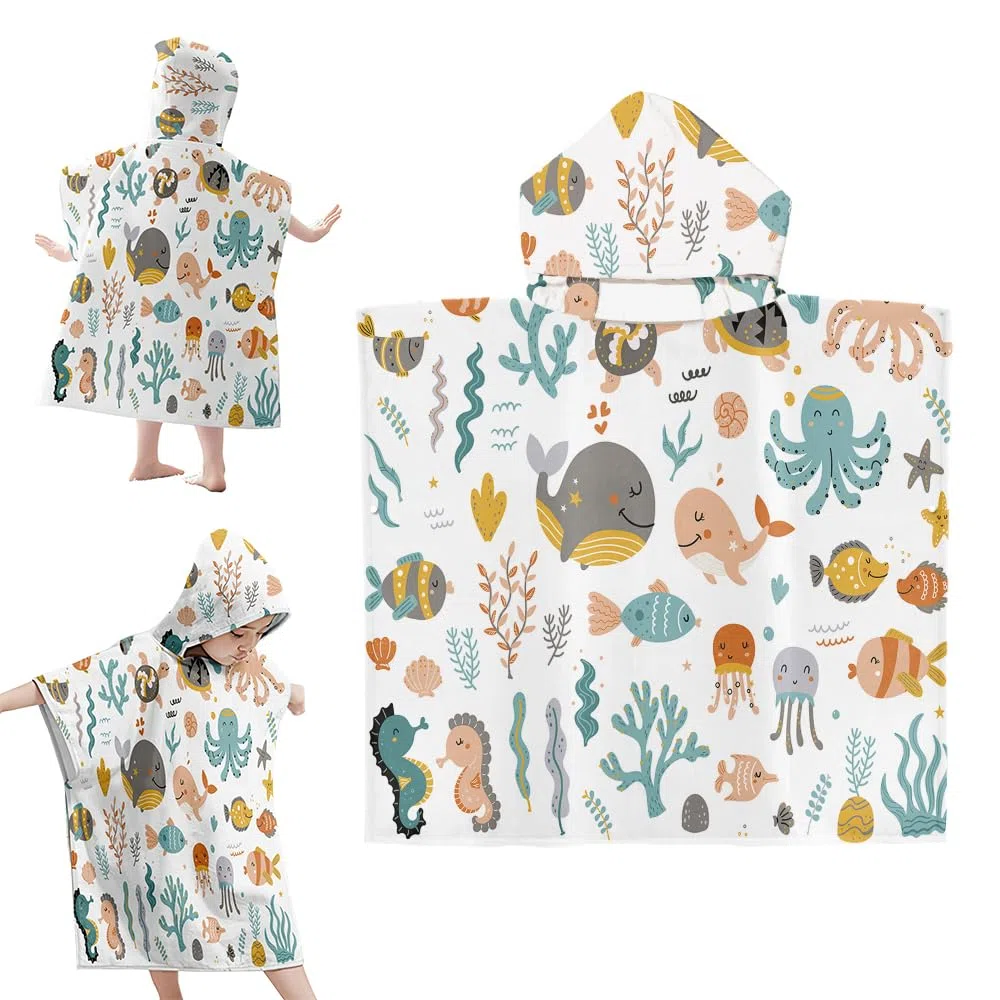 LUFEIS Accappatoio Poncho Bambino, 60 x 60 cm, Super Assorbente Asciugatura Rapida, Per Bambini 2-8 Anni