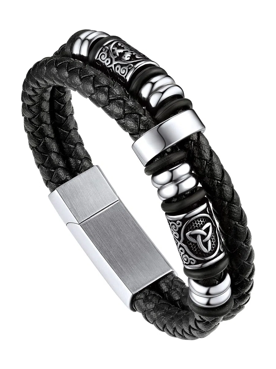 Bandmax Bracciale Uomo Pelle Cuoio Intrecciata con Chiusura Magnetica in Acciaio Inossidabile, Argento/Oro/Nero Braccialetto Uomo Personalizzato con Bussola Vichingo, Idee Regalo Uomo Papà Ragazzo