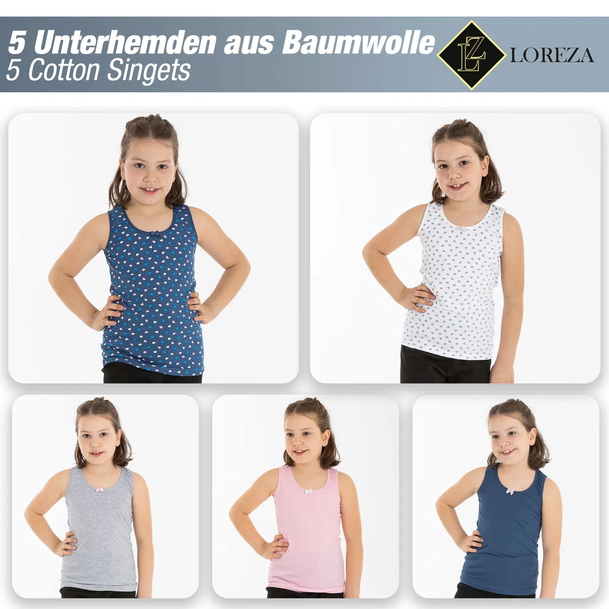 LOREZA ® 5 Cannottiera da Bambina in Cotone Canotta Intima Vari Disegni Intimo 2-15 Anni