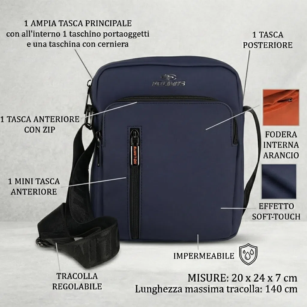 No Limits Borsello Uomo a Tracolla Regolabile, Impermeabile, Effetto Soft-Touch e Fodera Arancione, Multitasche con Zip