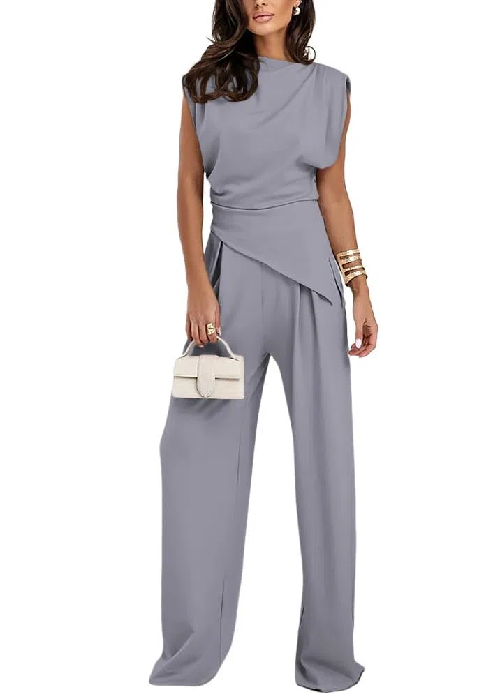 Donna Completo Tuta 2 Pezzi Elegante Business Sets in Tinta Unita Orlo Irregolare Magliette a Girocollo e Pantaloni a Gamba Larga Dritta Tute per Casa Casual