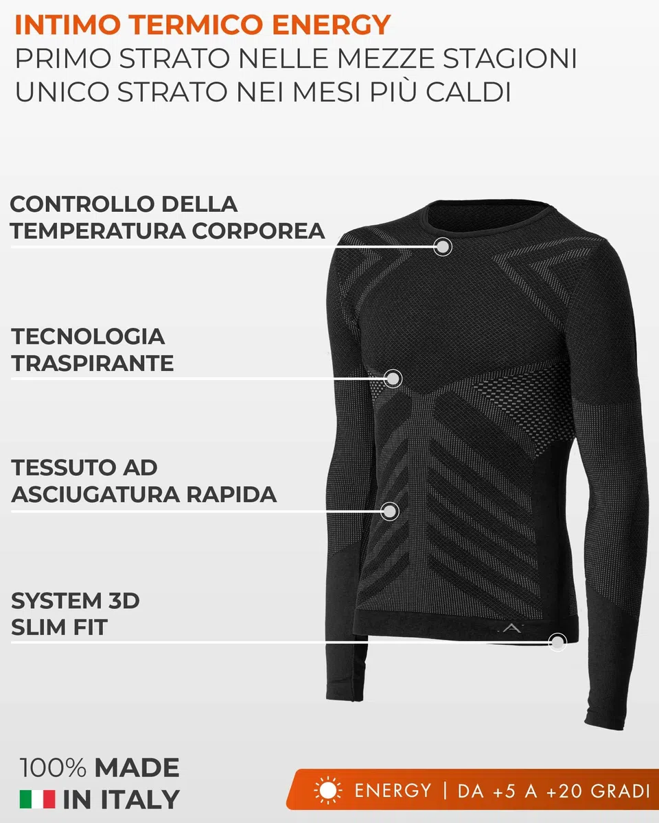Risalti Maglia Termica Uomo Manica Lunga Energy - Maglia Tecnica Uomo Traspirante, Intimo Termico Senza Cuciture