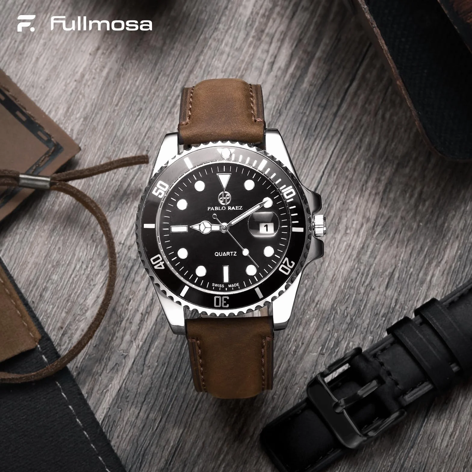 Fullmosa Cinturino in Vera Pelle 22mm e Sgancio Rapido, Cinturini Orologio per Uomo e Donna, 2 Pezzi Pelle Cinturino di Ricambio Compatibile con Smartwatch, Caffè&Nero con Fibbia Nero